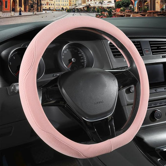 Pink Suede D Shaped Steering Wheel Cover 14.5 inch to 15 inch | Warm in Winter and Cool in Summer, Universal Felt Car Accessories, Breathable Non-Slip Sweat-Proof Wear-Resistant