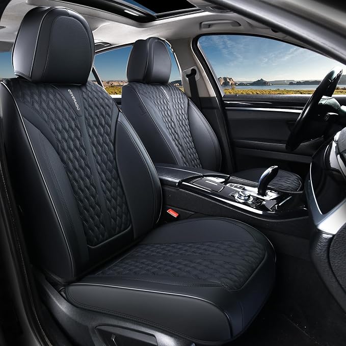 Coverado Front Seat Covers, Waterproof Seat Covers, 2 Pack Nappa Leather Car Seat Covers, Black Seat Covers for Cars, Automotive Seat Covers Universal Car Seat Protector Fit for Most Cars Trucks