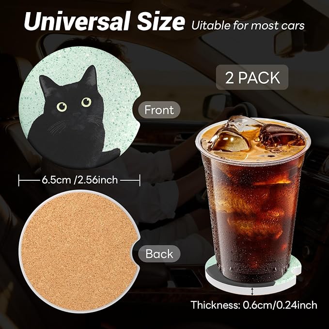 Car Cup Holder Ceramic Coasters 2 Pack, 2.56 in Anti Slip Absorbent Coaster with Cork Base and Finger Notch, Funny Cute Car Accessories Interior for Women, Terrazzo Black Cat