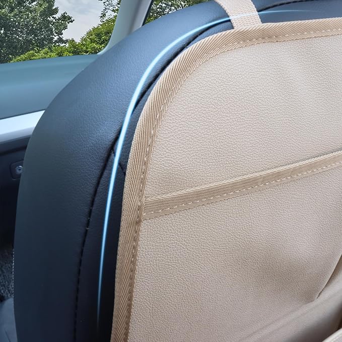 Car Backseat Organizer for Kids, Car Back Seat Storage Bag With 3 Pockets, 2 Drinks Holders, Water Resistant, Kids Toy Storage Kick Mat Back Seat Protector for Toddlers (Beige 1-Pack)