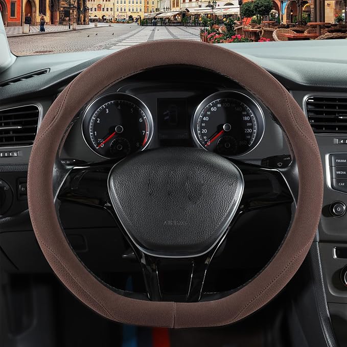 Brown Suede D Shaped Steering Wheel Cover 14.5 inch to 15 inch | Warm in Winter and Cool in Summer, Universal Felt Car Accessories, Breathable Non-Slip Sweat-Proof Wear-Resistant