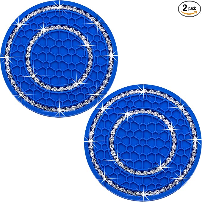 2PCS Bling Crystal Rhinestone Cup Holder Coaster, 2.75 inch Soft Silicone Anti-Slip Shockproof, Car Cup Holder Insert Coasters, Universal Car Interior Accessories for Women (Deep Blue & White)
