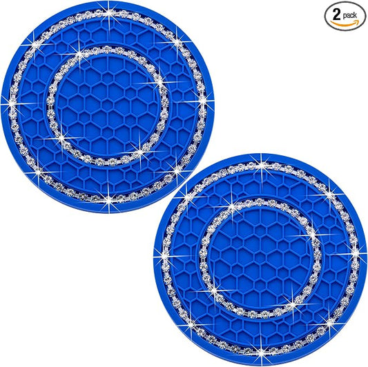 2PCS Bling Crystal Rhinestone Cup Holder Coaster, 2.75 inch Soft Silicone Anti-Slip Shockproof, Car Cup Holder Insert Coasters, Universal Car Interior Accessories for Women (Deep Blue & White)