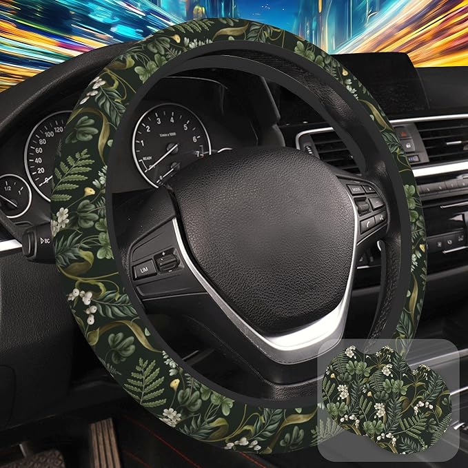 Botanical Flowers Berries Leaves Steering Wheel Cover for Women, Anti-Slip Car Steering Wheel Cover with 2 Pcs Cup Holders Neoprene Breathable Car Accessories Universal 15 Inch Auto Interior Decor