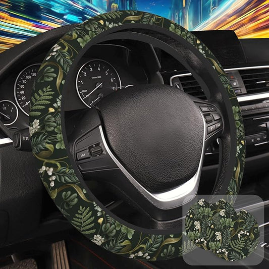 Botanical Flowers Berries Leaves Steering Wheel Cover for Women, Anti-Slip Car Steering Wheel Cover with 2 Pcs Cup Holders Neoprene Breathable Car Accessories Universal 15 Inch Auto Interior Decor