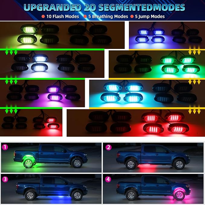 20 Pods RGB LED Rock Lights, Waterproof Red Green Blue Underglow Kit for Semi Trucks Boat Trailer Offroad Pickup RV Van Bus 12V