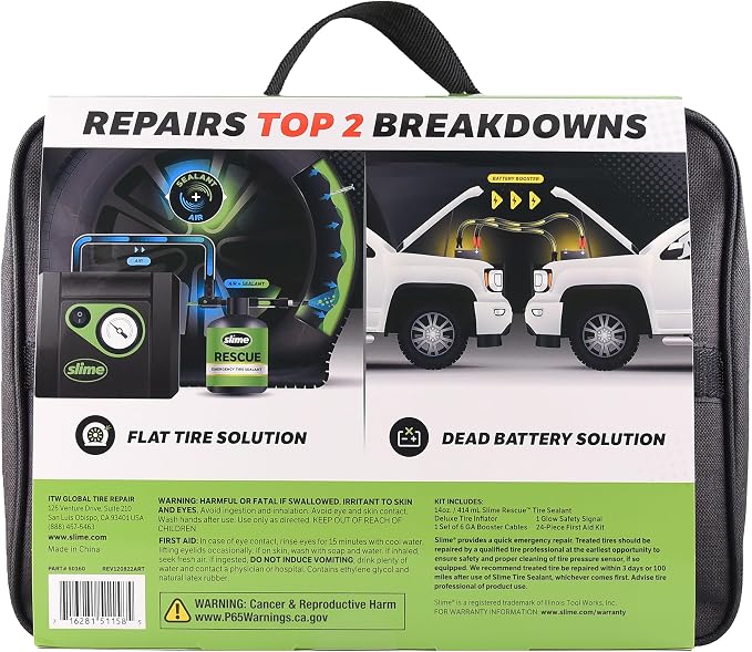 Slime 50160 Emergency Roadside Kit with Flat tire Repair and Booster Cables for Truck/SUV, Heavy-Duty Vehicles