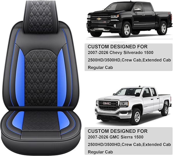 JOJOBAY Chevy Silverado Seat Covers,Leather Seat Covers for GMC Sierra,Custom Fit 2007-2026 1500 2500HD 3500HD Crew Double Extended Regular Cab,LT LZT RST Trail Boss(Front Pair,Black Blue)