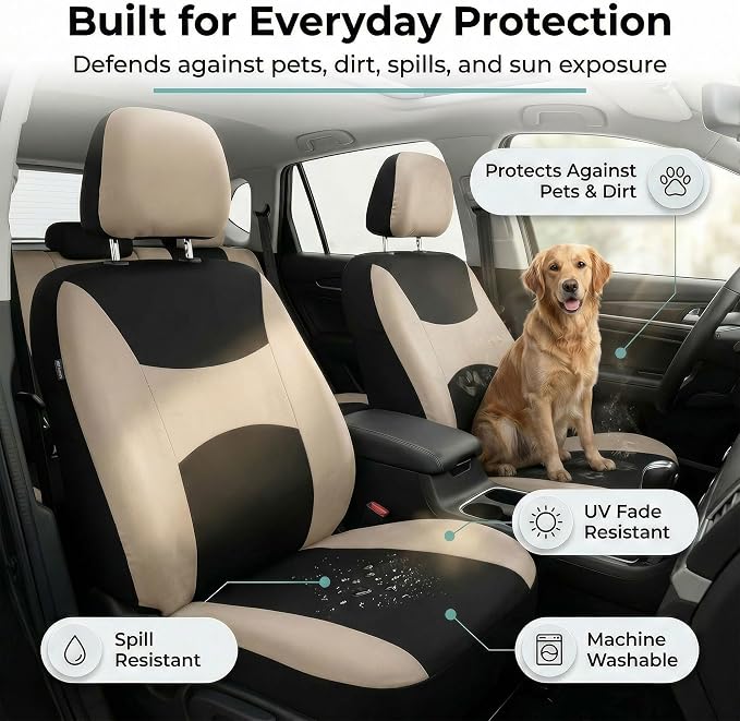 FH Group Universal Automotive Seat Covers Front Set | Light & Breezy Flat Cloth Washable Car Seat Cover for SUV, Sedan, Truck | Airbag Compatible Interior Upgrade - Beige/Black