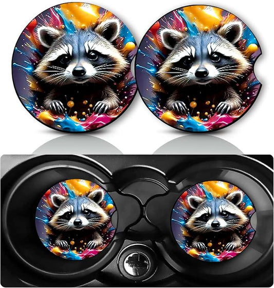 2 Pack Raccoon Car Cup Holder Coasters Neoprene Anti Slip Rubber Mat | Raccoons Car Accessories Interior Decor 2.75" Universal Size Insert Auto Coasters Raccoon Gifts for Women Men