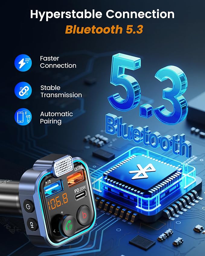 LENCENT FM Transmitter in-Car Adapter, Wireless Bluetooth 5.3 Radio Car Kit | Type-C PD 20W+ QC3.0 Fast USB Charger, Hands-Free Calling, MP3 Player Receiver Hi Fi Bass, Support U Disk