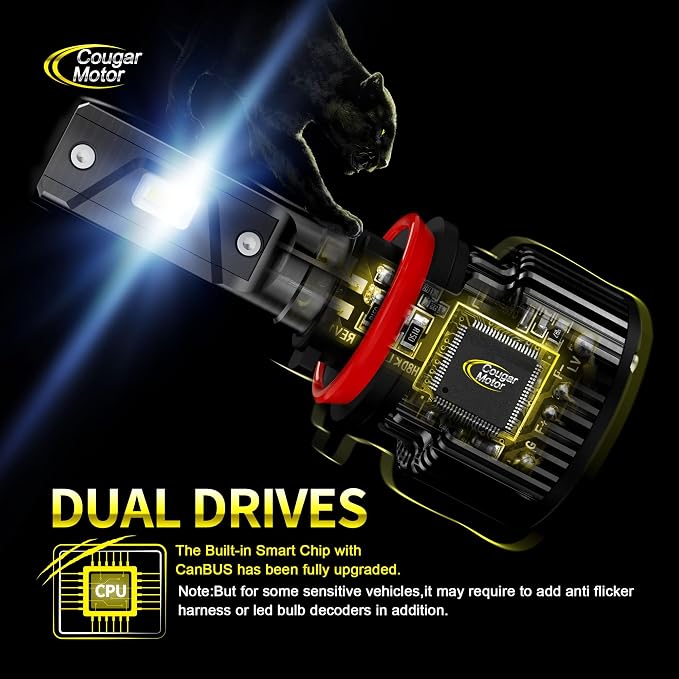 Cougar Motor H11 Bulbs, H8 H9 Light Bulb K16 Series 6000K White Plug and Play Fog Light IP67 Waterproof Driving Light Bulbs - Pack of 2