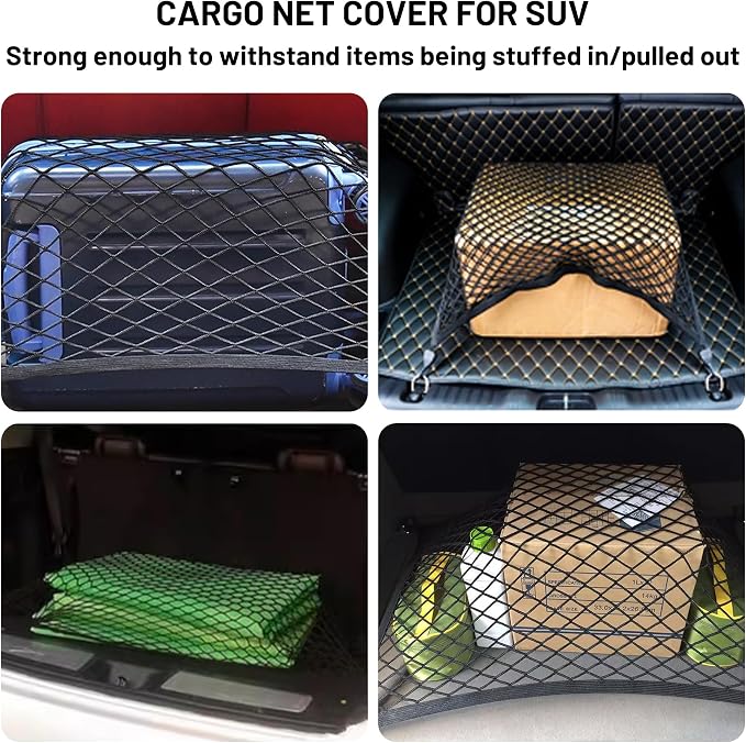 Elastic Cargo Net for SUV, Net Stretchable 31.2" x 24" Stretch to 62.4" x 48", Rear Trunk Bed Netting Cover, Fixing Hooks D-Rings Luggage Cover