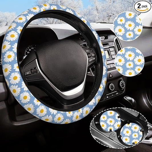 Daisy Flower Steering Wheel Cover Anti-Slip and Practical 14.5-15 Inch Universal Car Steering Wheel Cover with 2 Pieces Car Coasters Suitable for Men Women