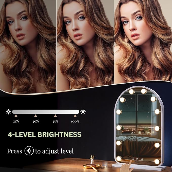 LUXFURNI Vanity Mirror with Lights, 24.5" Arched Hollywood Makeup Mirror | 12 LED Lights, 3 Color Modes, Touch Memory Control, Arched Frame No‑Bend Full‑Face View, HD Anti‑Glare Rust‑Resistant Glass