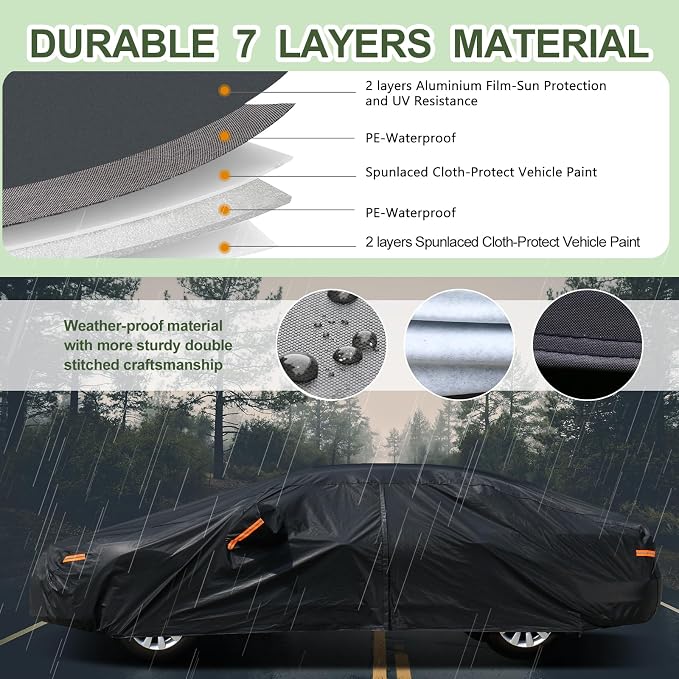 SEAZEN 7 Layers Car Cover Waterproof All Weather, Heavy Duty Car Cover for Automobiles with Zipper Full Exterior Cover Outdoor UV Snow Wind Protection, Universal Full Car Cover for Sedan Up to 200"