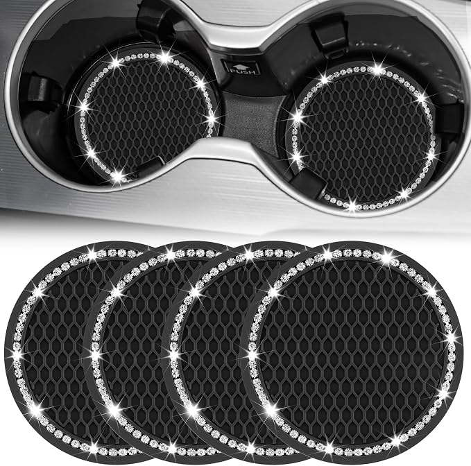 JUSTTOP Bling Cup Holder Coasters for Car,4PCS Universal Non-Slip Cup Holder,Rhinestone Decorative Coasters,Crystal Car Interior Accessories for Women(Black)