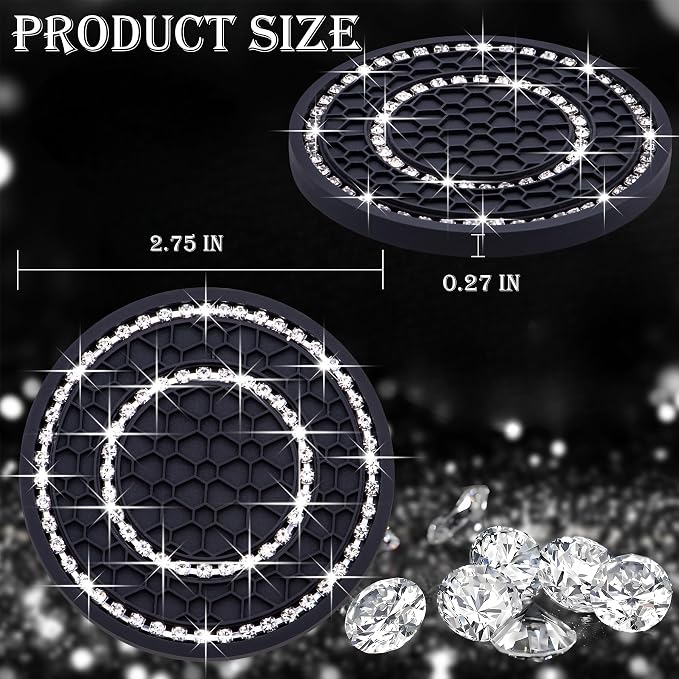 2PCS Bling Crystal Rhinestone Cup Holder Coaster, 2.75 inch Soft Silicone Anti-Slip Shockproof, Car Cup Holder Insert Coasters, Universal Car Interior Accessories for Women (Black & White)