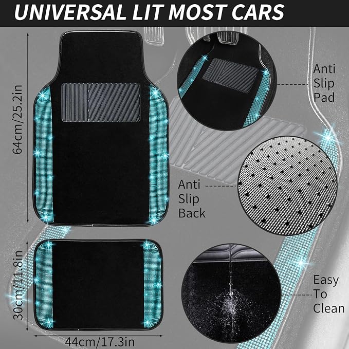 NBTEPEM Aquamrine Bling Car Floor Mats Full Set, Universal Fit Most Cars,SUV, Trucks, 4 pcs Sparkle Glitter Diamond Carpet for Women Girls with Anti-Slip Pad (Aquamarine Diamond)