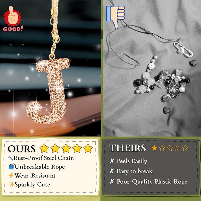 Bling Car Accessories for Women Letter Charm, Rainbow Crystal Rearview Mirror Pendant, Cute Diamond Rhinestone Car Decor, Lucky Gift for Women(J, Champagne Gold)