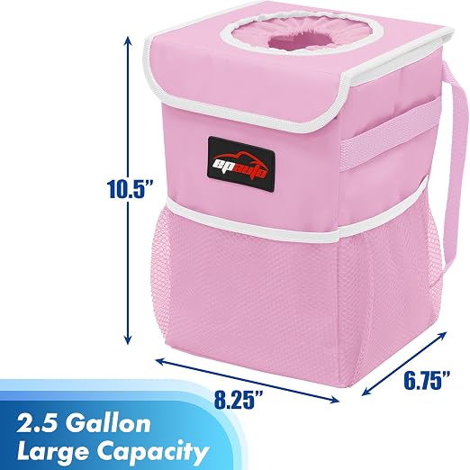EPAuto Waterproof Car Trash Can with Lid and Pockets, 2.5 Gal, Pink | Leakproof, Collapsible Multipurpose Car Bin with 3 Side Storage Pockets, Adjustable Straps
