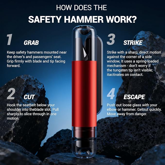 4 Pack Window Breaker Seatbelt Cutter, 2-in-1 Car Window Breaker Tool, Safe Hammer Glass Breaker and Seat Belt Cutter Underwater, Emergency Escape Tool with Test Glass for Automotive Accidents, Red
