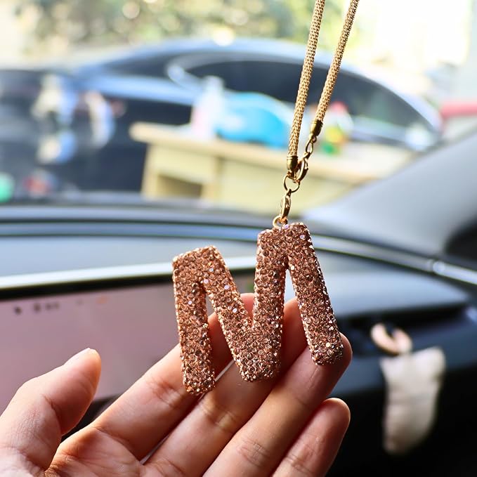 Bling Car Accessories for Women Letter Charm, Rainbow Crystal Rearview Mirror Pendant, Cute Diamond Rhinestone Car Decor, Lucky Gift for Women(M, Champagne Gold)