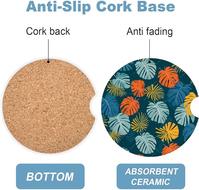 Car Cup Holder Coaster Set of 2, 2.56 in Ceramic Coasters, Scratch-Resistant Cork Backing, Finger Groove Design for Easy Placement, Cute Car Accessories Interior for Women (Blue Maple Leaf)