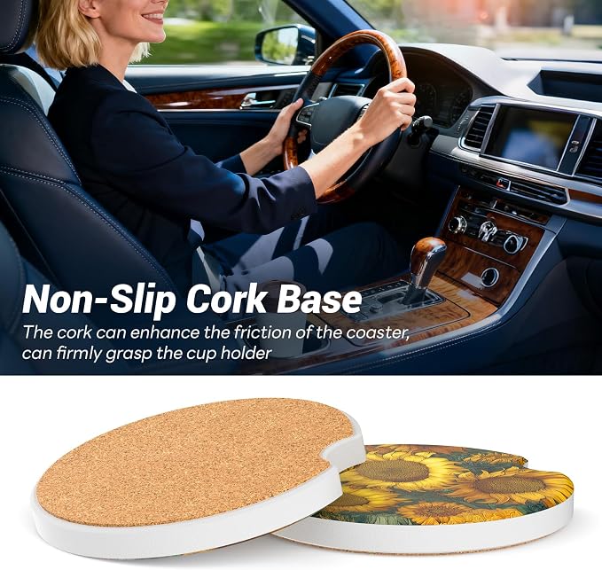 2 Pack Ceramic Car Coasters for Cup Holder, 2.56 in Anti Slip Absorbent Coaster with Cork Base and Finger Notch, Funny Cute Car Accessories for Women, Sunflower