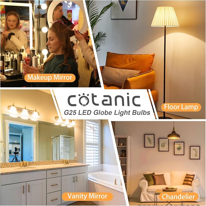 Cotanic 12 Pack G25 LED Vanity Light Bulb 3000K Soft White, Bathroom Round Light Bulb, E26 Standard Base, 5W, 60 Watt Equivalent Incandescent Replacement, 500LM, Non-Dimmable