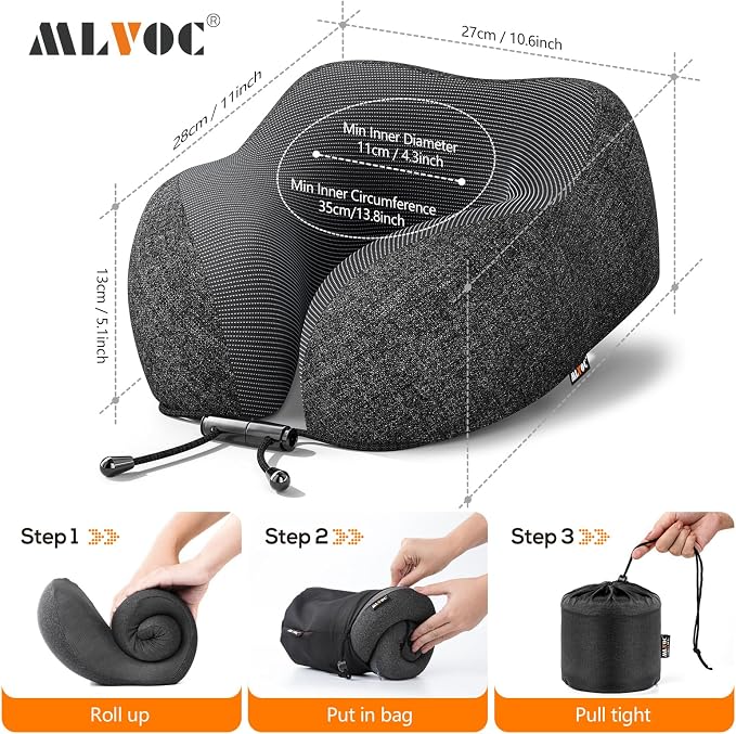 MLVOC Neck Pillow for Traveling, Upgraded 100% Pure Memory Foam Travel Neck Pillow for Airplane Flight Sleep, Breathable & Machine Washable Cover, Travel Kit with 3D Eye Mask, Earplugs & Bag, Black | Curved Neck & Chin Support, Rope Lock Fit, Memory Fo...