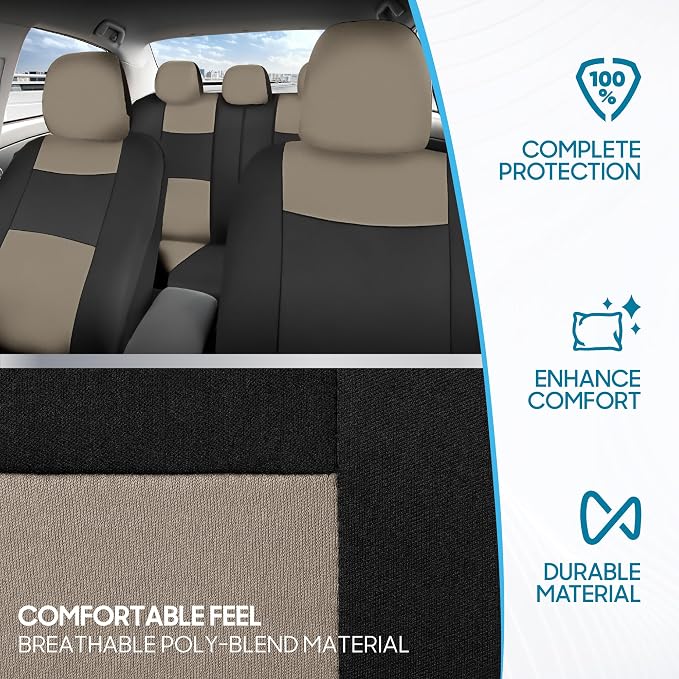 BDK PolyPro Car Seat Covers Full Set in Light Beige on Black, Front and Rear Split Bench Seat Covers for Cars, Easy to Install Car Seats Cover Set and Accessories for Auto Trucks Van SUV - Light Beige