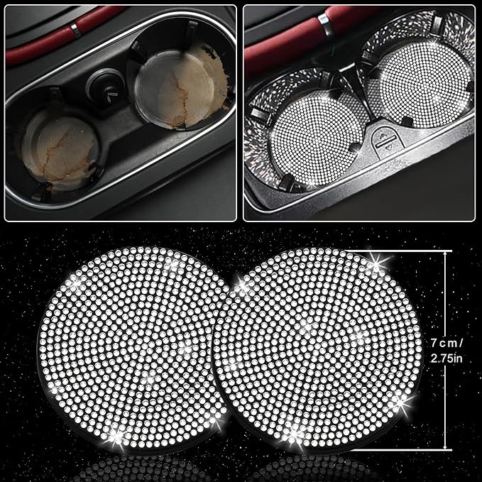 NBTEPEM 30 Pcs Bling Car Accessories Set for Women, Silver Steering Wheel Cover Set, Bling Console Cover, Seat Belt Cushion, Shift Knob Cushion, Cup Holder Coaster, Rhinestone Car Hanging Accessories