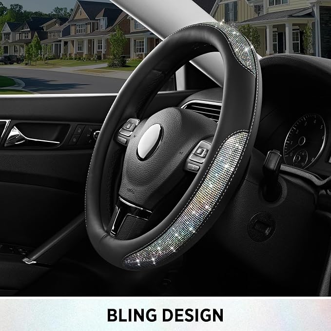 Road Comforts Pixel Glitter Steering Wheel Cover, 14.5–15 Inch Leather Steering Wheels Snug Fit, Anti-Slip Leather Grip, Elegant Sparkle Design, Universal Fit - Black
