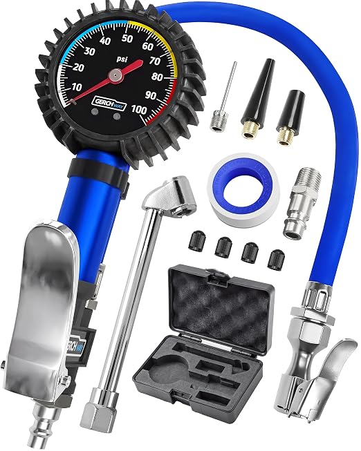 GERCHWAY Tire Inflator with Pressure Gauge Heavy Duty Air Chuck with Gauge for Air Compressor Tire Inflator Attachment - 100PSI, with Case