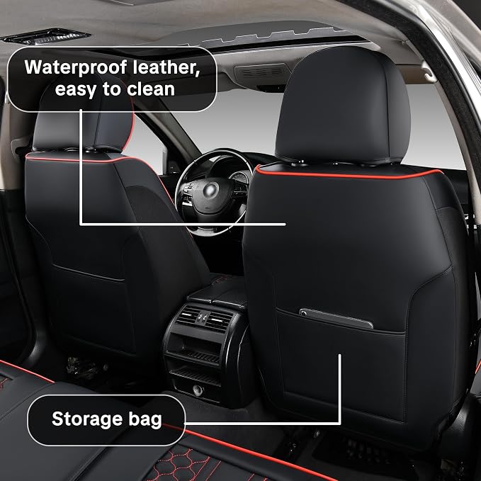 Black and Red Leather Car Seat Cover Set, with Lumbar Support | OEM-Inspired Interior Upgrade
