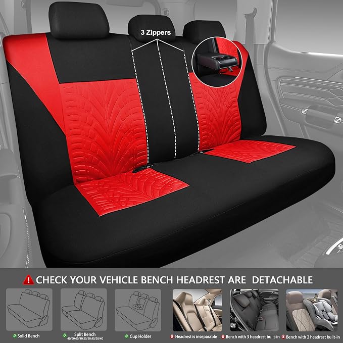 CAR PASS Car Seat Covers Full Sets, Front & Split Rear Bench for Car, 3D Tyre Embossed Automotive Interior Covers, Airbag Compatible, Quick Setup Universal Fit Seat Covers for Car, SUV(Black Red)