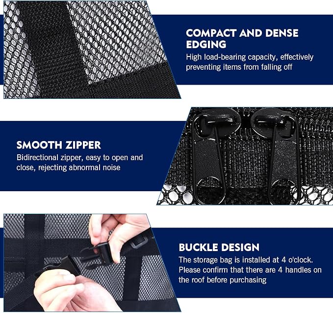 WZP Car Ceiling Cargo Net, 31.5" x 20.9" Double-Layer Mesh Car Roof Storage Ceiling Cargo Net with Adjustable D-Buckle, Universal Auto Accessories for SUVs, Road Trips, Camping Essentials