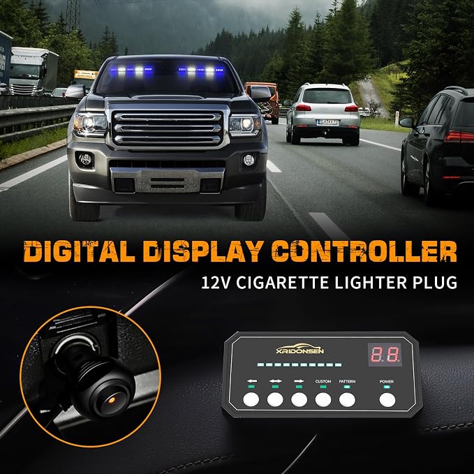 XRIDONSEN 2x 17 inch 40 LED Blue White Emergency Dash Strobe Lights | Interior Front/Rear Windshield Light Bar Safety Flashing Warning Hazard w/Suction Cups for Vehicles Trucks Car