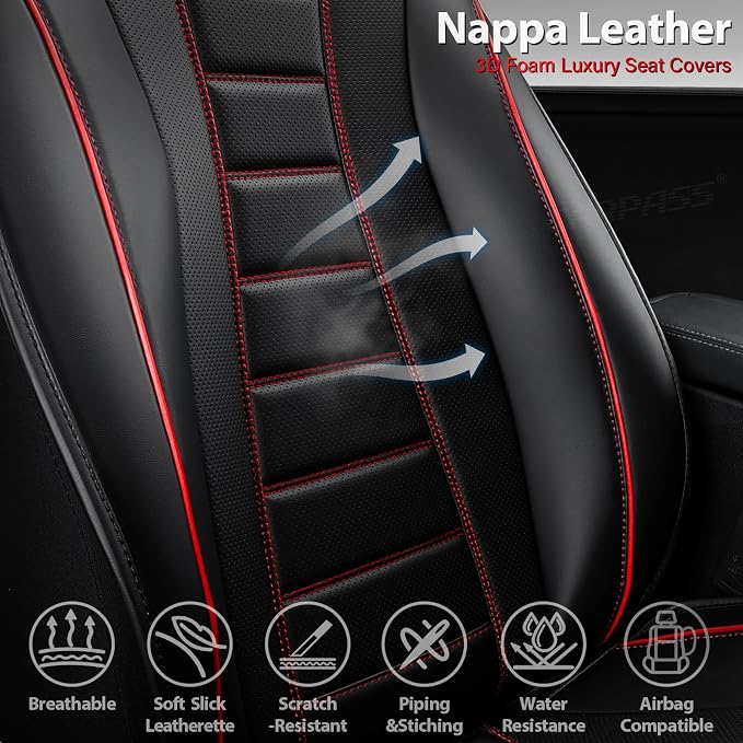 CAR PASS Nappa Leather Car Seat Covers Front Seats 3D Foam 2Pcs Black Red | Luxury Waterproof Universal FIT Piping Leather Car seat Cover Front Seats, 3D Foam Breath Perforated leather seat covers
