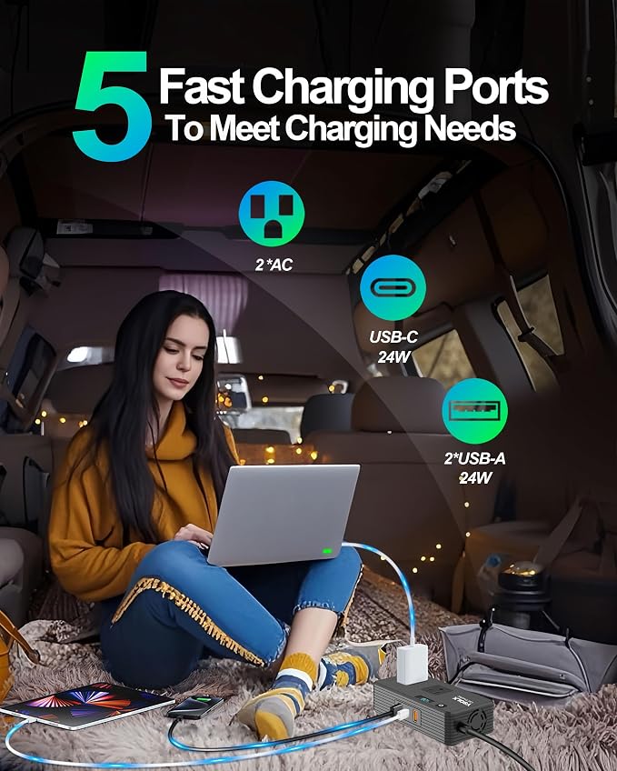 YSOLX 300W Car Inverter Power Outlet Dual AC Car Plug Adapter Outlet | For camping & road trips, 24W USB C/A charge for devices, LED shows real-time voltage & battery status