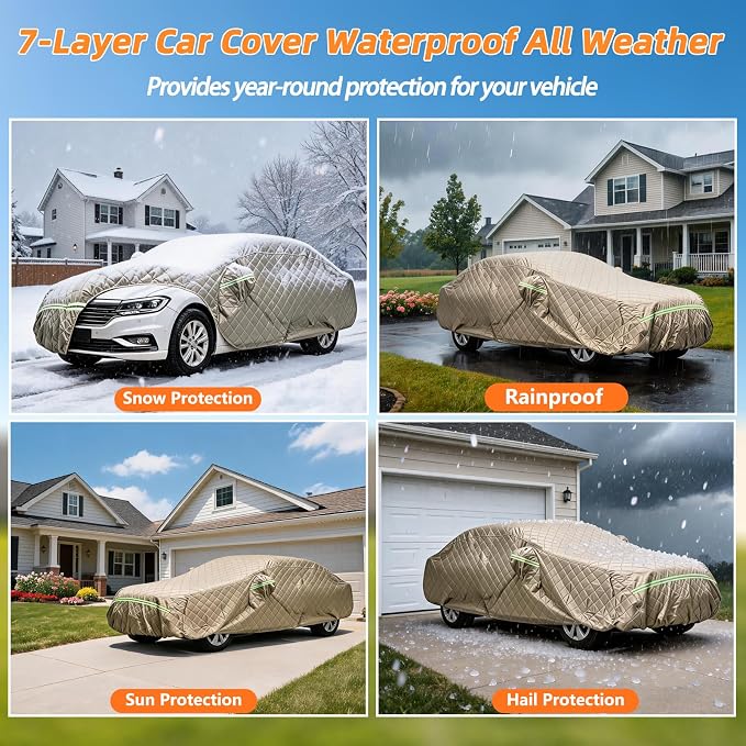 7 Layers Waterproof Cover, Heavy Duty Car Covers with Zipper Door, All-Weather Car Cover – Protects Against UV Rays, Hail, Water, Dust & Snow, Universal Fit Sedan 186" to 193"(Khaki)