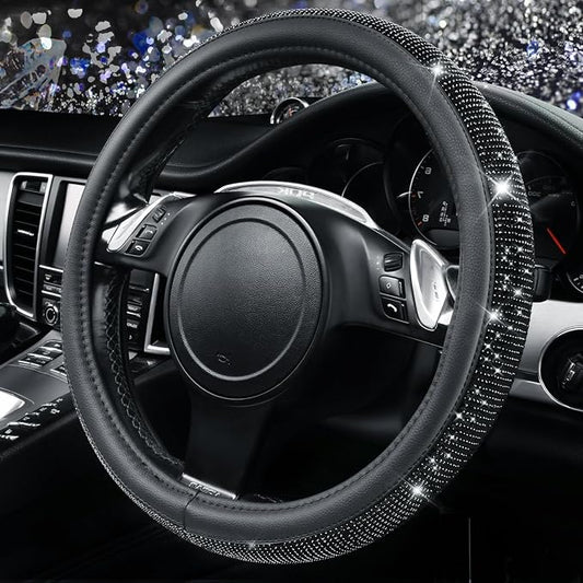 CAR PASS Bling Black Diamond Leather Steering Wheel Cover, with Sparkly Crystal Glitter Rhinestone Universal Fit 15" 1/2-16" Large Size Car Wheel Protector for Women Girl Fit Car,SUV,Van,Sedan, Black