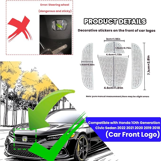 Bling Crystal Car Front Emblem Cover Sticker Compatible with Honda 10th Gen Civic Sedan 2022 2021 2020 2019 2018 (car Front Logo)