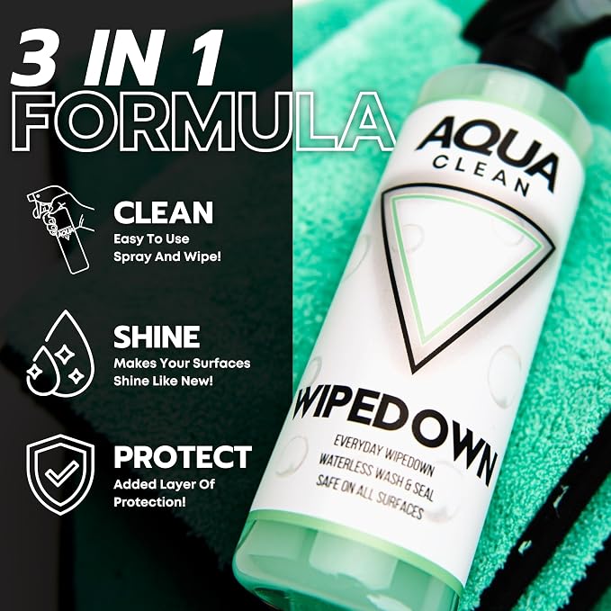 AquaClean WIPEDOWN Ceramic Quick Detailer Spray & Waterless Wash | SiO2 Hydrophobic Coating | Car, Truck, Boat, RV, Motorcycle & Off-Road | UV Protection | Shine & Protect | USA Made | 16oz