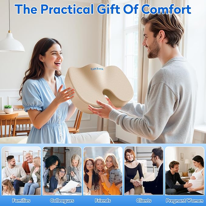 CushZone Seat Cushion, Office Chair Cushions, Car Seat Cushion, Non-Slip Sciatica & Back Coccyx Tailbone Pain Relief Chair Pad, Memory Foam (Large,Khaki)