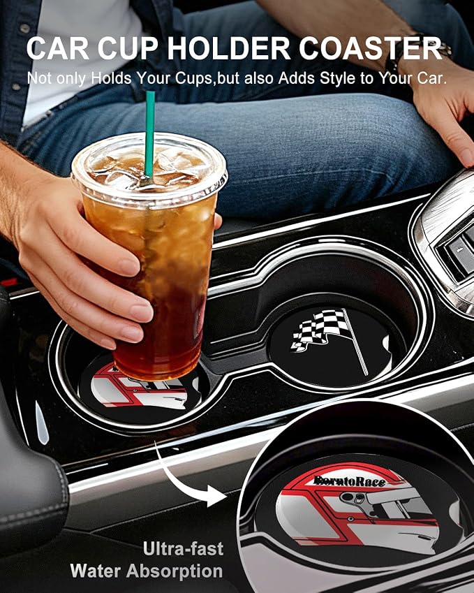 Swooflia Car Coasters for Men - Helmet Ceramic Car Cupholder Coaster Cool Absorbent Mat Coaster with Cork Base 2 Pack Automotive Cup Holder Accessories New Driver Gifts