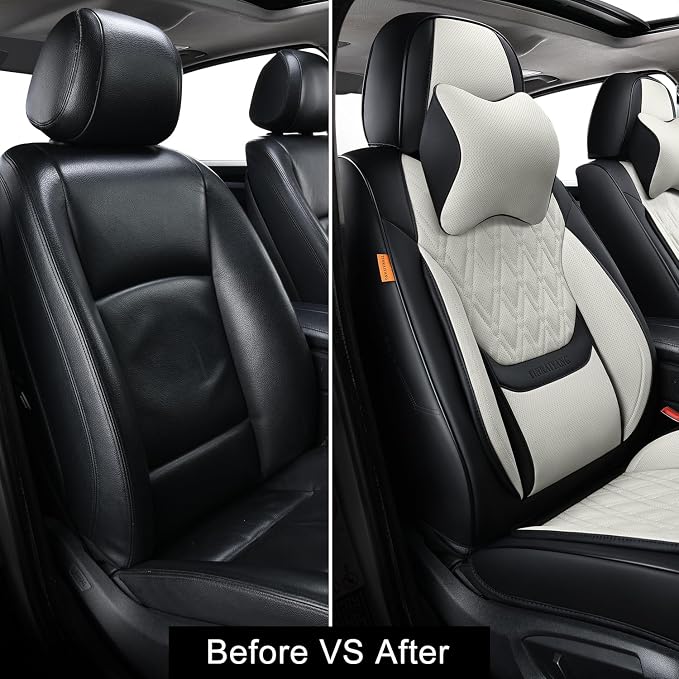 Car Seat Covers Front Pair, Breathable Leather Automotive Front Seat Covers with Headrest, Universal Automotive Vehicle Seat Cover for Most Sedan SUV Pick-up Trucks, Black&Beige