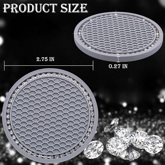 4PCS Bling Cup Holder Coaster, 2.75 Inch Auto Car Cup Holder Insert Coasters, Soft Silicone Anti-Slip Shockproof, Universal Vehicle Interior Accessories for Women Girls (Gray & White)