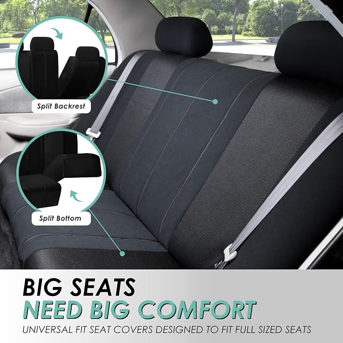 FH Group Car Seat Covers Sports Fabric Three Row Set Black Automotive Seat Covers, Airbag and Split Rear Car Seat Cover Universal Fit Interior Accessories for Cars Trucks and SUV Car Accessories